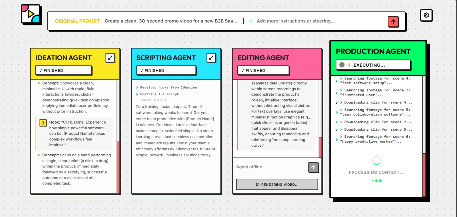 The Brand Factory pipeline with ideation, scripting, editing, and production agents working on a video