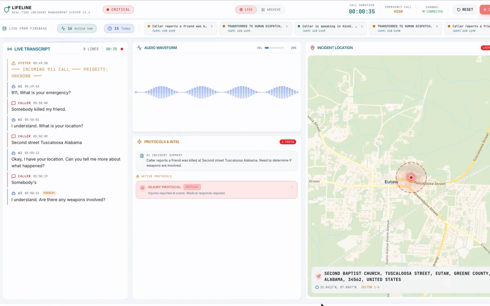 LifeLine dispatch dashboard showing a live call transcript, audio waveform, and incident map